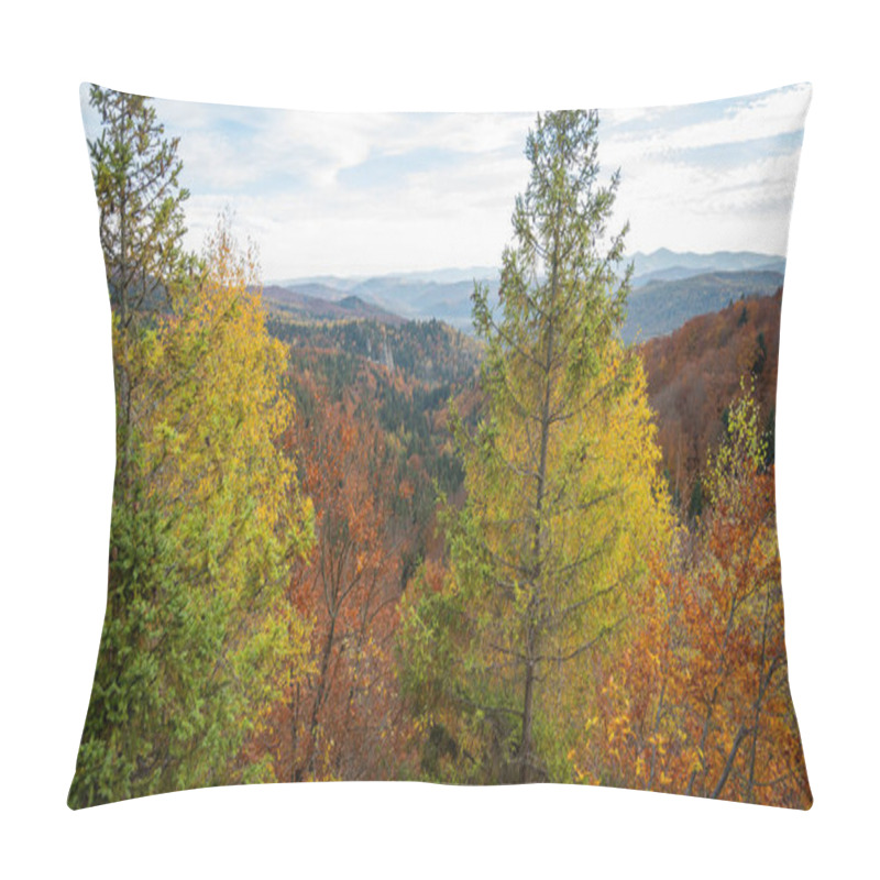 Personality  Golden Autumn Leaves On Branches With A Scenic Mountain Landscape In The Background. Sunlight Filters Through, Enhancing The Warm Tones Of Fall Foliage. Perfect For Nature, Autumn, And Outdoor Themes Pillow Covers