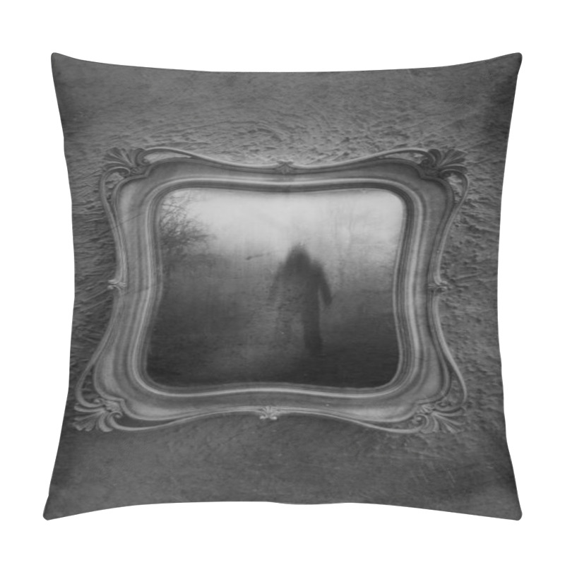 Personality  Horror Concept Of A Ghostly Figure In A Mirror. With A Grunge, Blurred, Textured, Black And White Edit. Pillow Covers