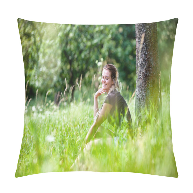 Personality  Relaxed Girl Sitting Under Tree On Meadow At Summer Day Pillow Covers