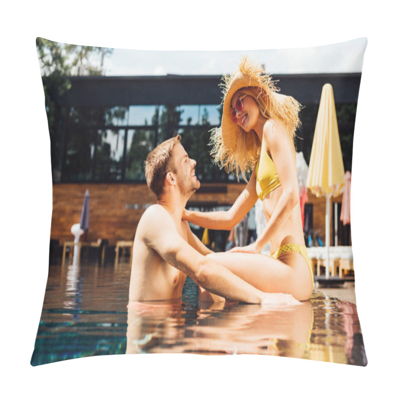 Personality  Sexy Happy Couple In Swimming Pool In Sunny Day Pillow Covers