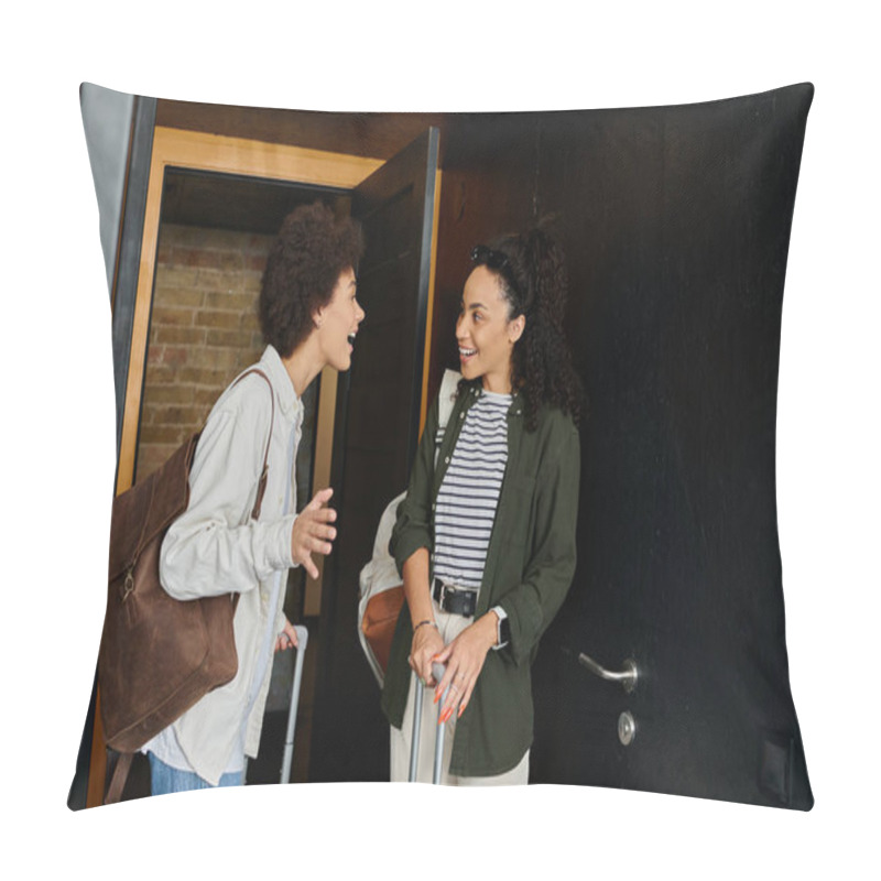 Personality  Two Happy Travelers Share A Moment Of Excitement While Exploring Their Hostel. Pillow Covers