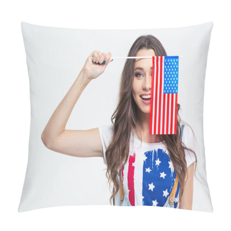 Personality  Smiling Woman Covering Her Eye With USA Flag Pillow Covers