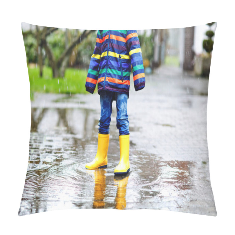 Personality  Close-up Of Kid Wearing Yellow Rain Boots And Walking During Sleet, Rain And Snow On Cold Day. Child In Colorful Fashion Casual Clothes Jumping In A Puddle. Having Fun Outdoors Pillow Covers