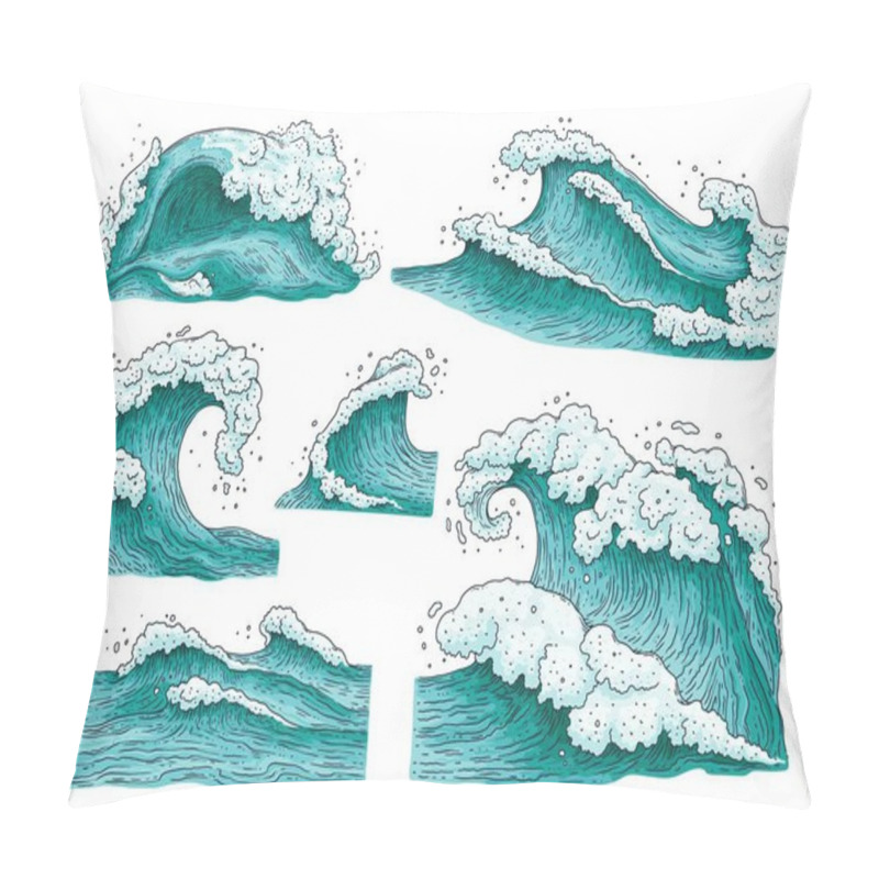 Personality  Set Of Hand Drawn Ocean Water Waves Cartoon Vector Illustrations Isolated. Pillow Covers