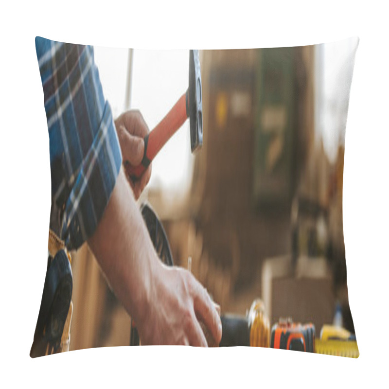 Personality  Panoramic Shot Of Carpenter Holding Hammer In Workshop  Pillow Covers