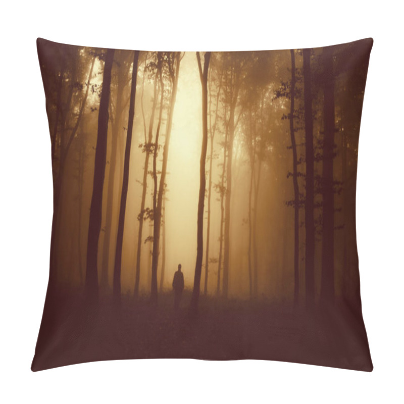 Personality  Mysterious Figure In Gloomy Dark Forest At Sunset Pillow Covers