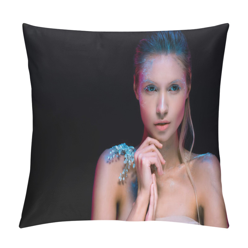 Personality  Beautiful Girl With Creative Winter Make Up Isolated On Black Pillow Covers