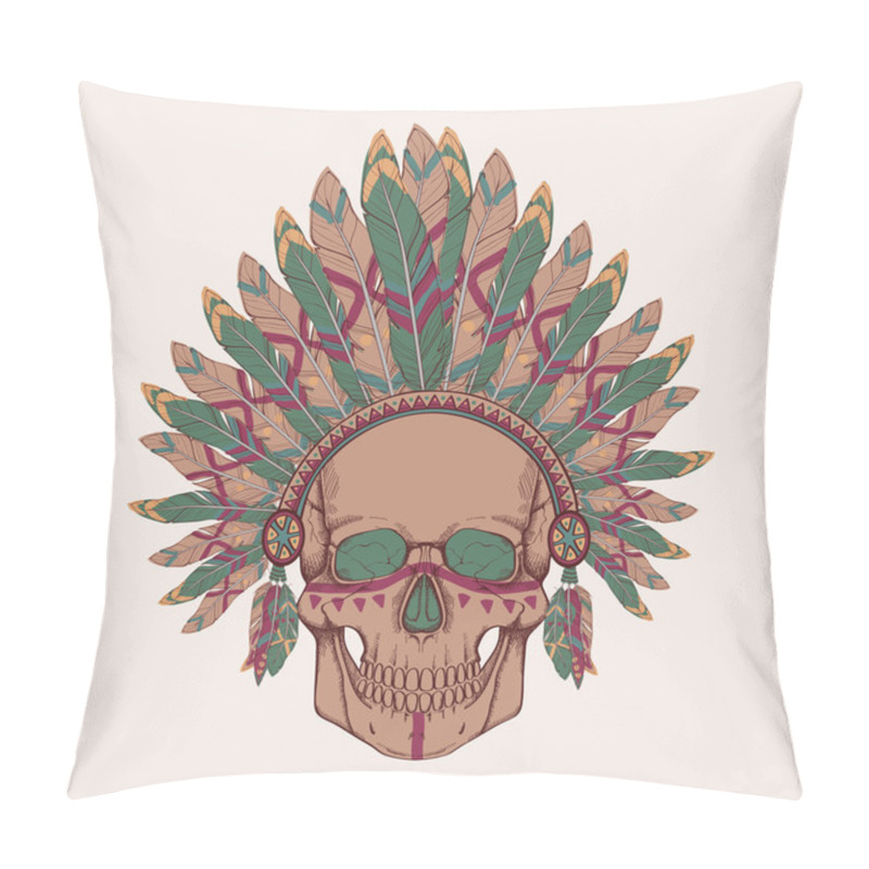 Personality  Vector Illustration Of Human Skull In Native American Indian Chief Headdress Pillow Covers