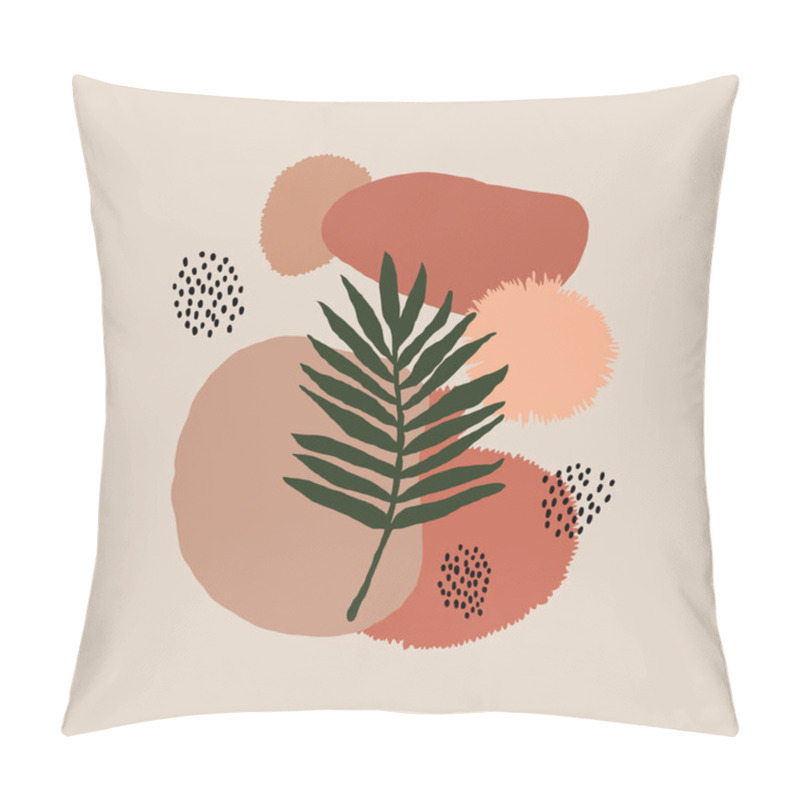 Personality  Abstract Vector Composition With Overlapping Organic Shapes In Beige, Red, And Orange Tones. A Green Palm Leaf Lies In The Center, Creating A Minimalist Natural Design. Pillow Covers