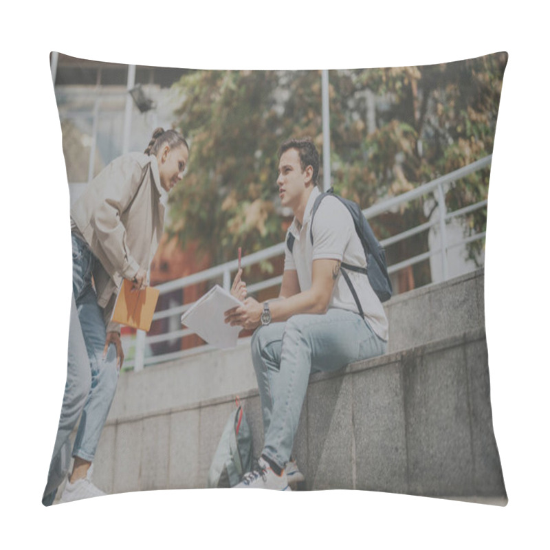 Personality  High School Students Collaborate On Tasks With Assistance From Their Teacher Outdoors. The Setting Is Relaxed, Fostering Learning And Engagement. Perfect For Educational And Teamwork Concepts. Pillow Covers