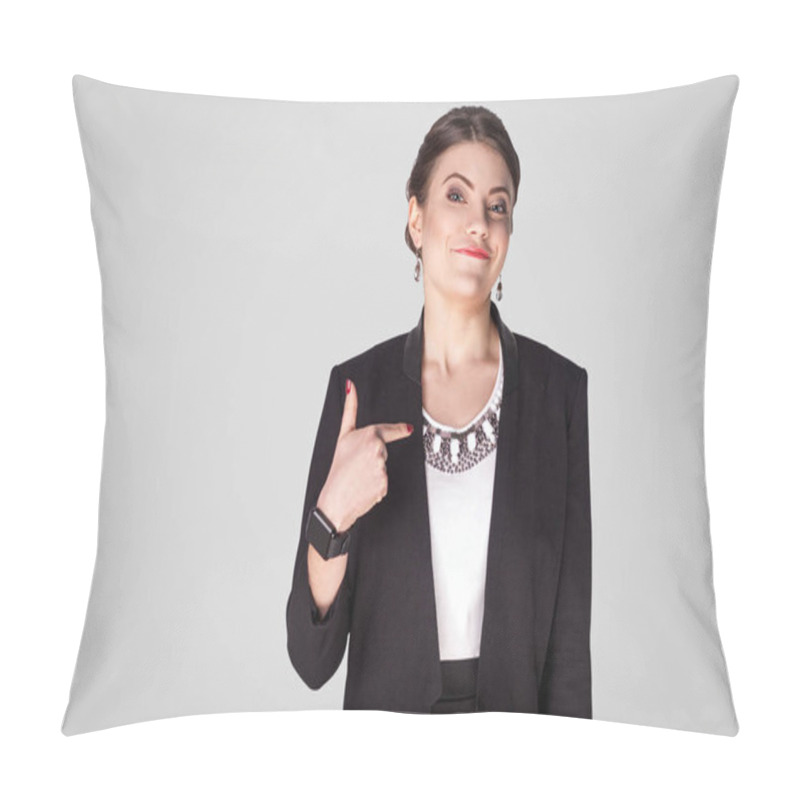 Personality  Proud Businesswoman Pointing Finger Himself And Toothy Smile On Grey Background Pillow Covers