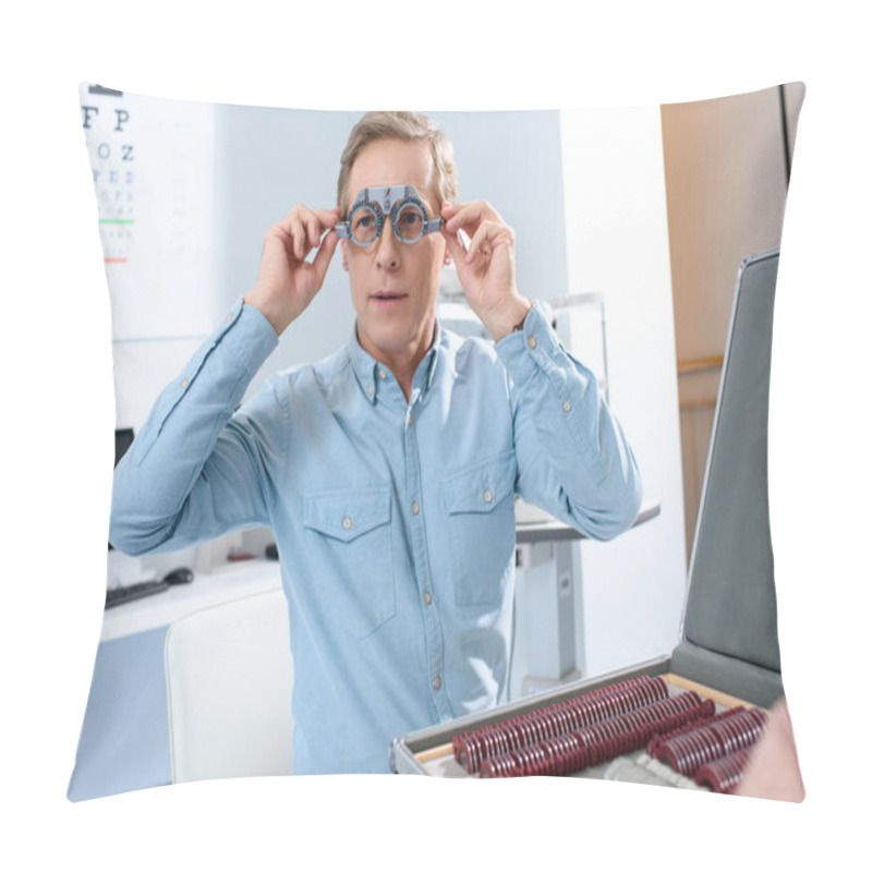 Personality  Middle Aged Man With Trial Frame And Lenses In Optical Clinic Pillow Covers