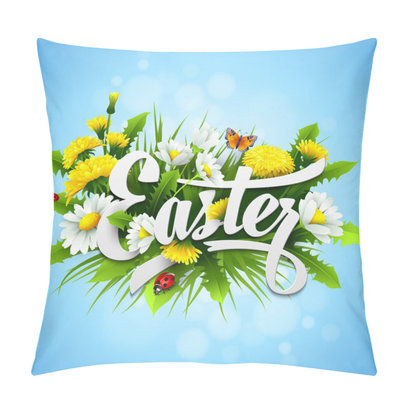 Personality  Title Easter With Spring Flowers. Vector Illustration Pillow Covers