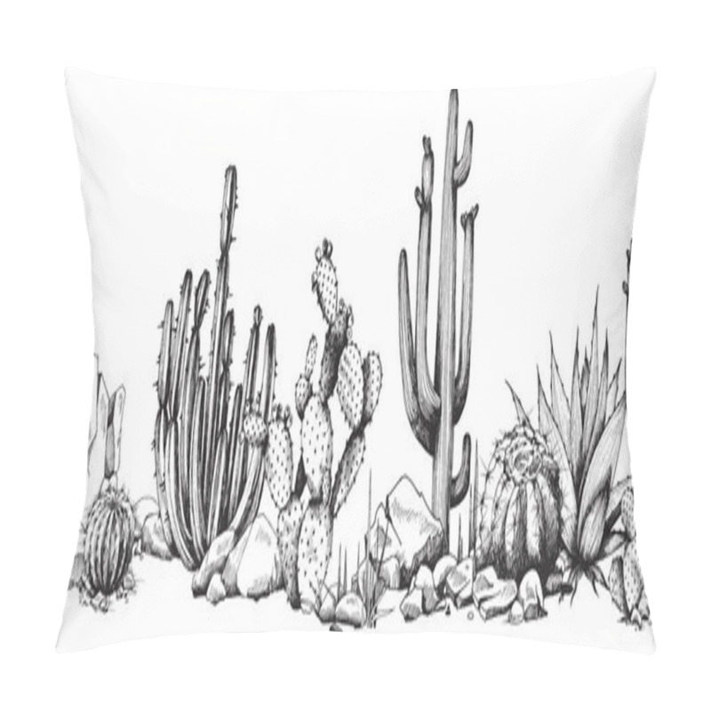 Personality  Seamless Border With Succulents And Cactuses, Engraving Vector Illustration. Pillow Covers