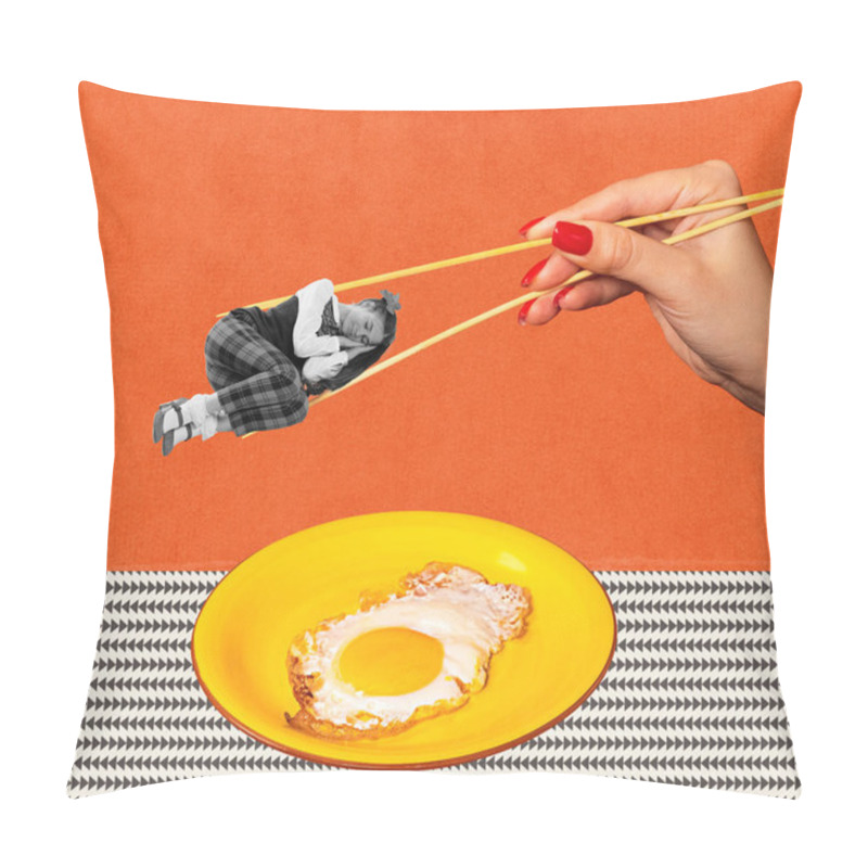 Personality  Contemporary Art Collage. Creative Design With Female Hands Holding Sleeping Teen Girl With Chopsticks Over Fried Eggs. Morning, Breakfast. Concept Of Creativity, Pop Art, Food. Copy Space For Ad Pillow Covers