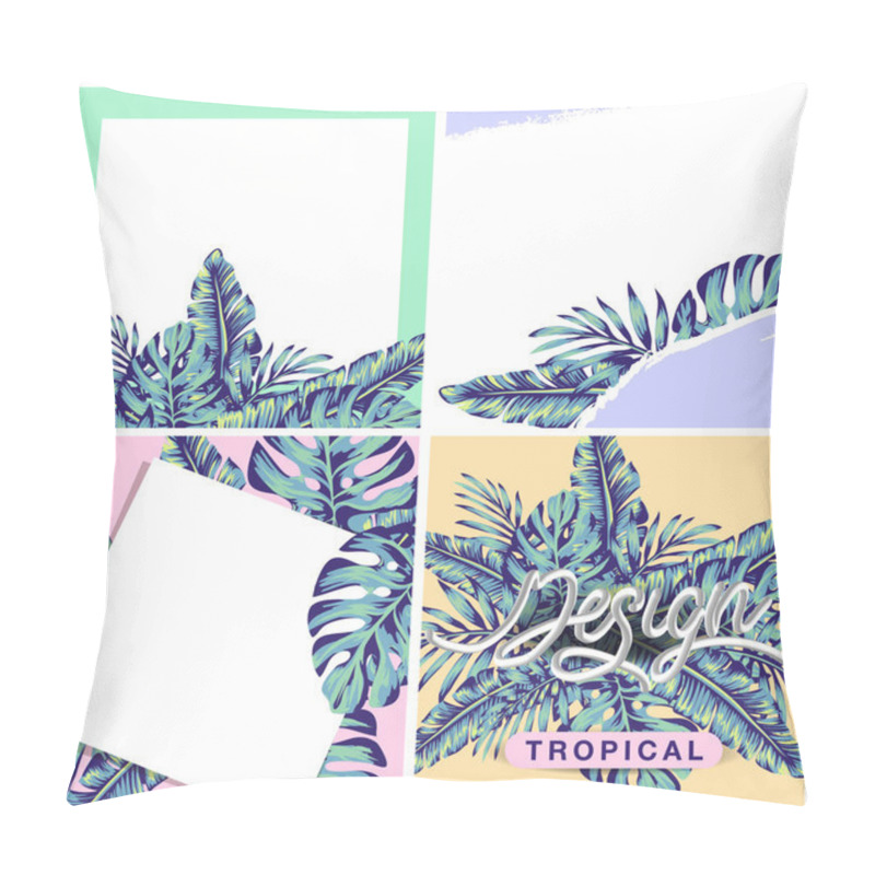 Personality  Background With Banana Leaves. Decorative Image Of Tropical Foliage, Flowers And Birds. Set Of Story And Post Square Frames. Layout For Advertising. Space For Letters Pillow Covers