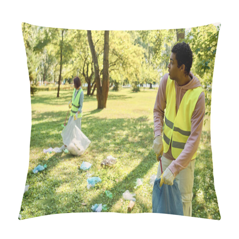 Personality  Diverse, Socially Active Couple Wearing Safety Vests And Gloves Stand In The Lush Grass, Cleaning The Park Together. Pillow Covers