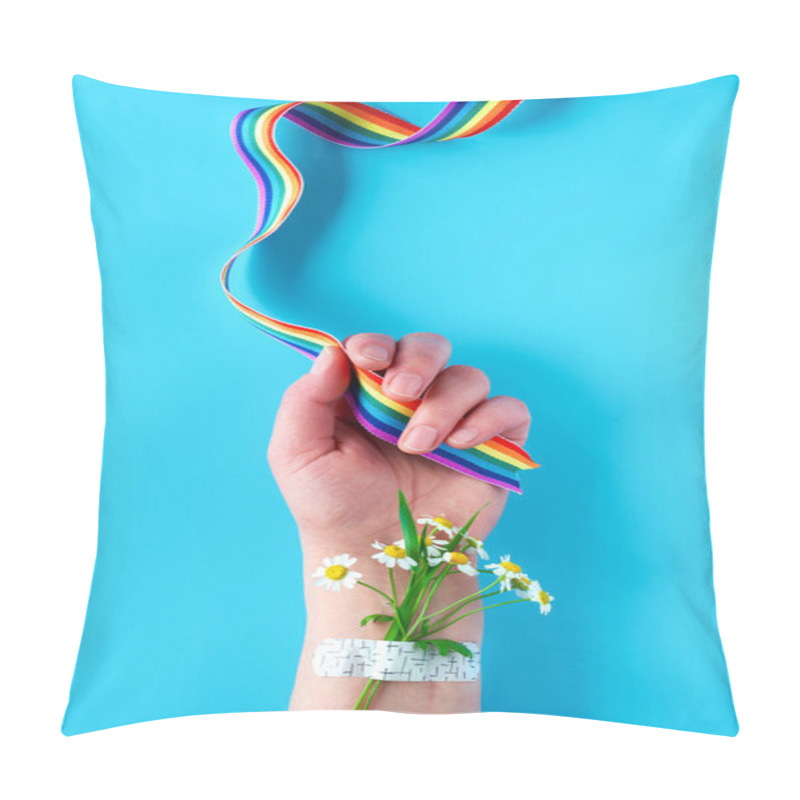 Personality  Thank You Doctors And Nurses! Rainbow Ribbon In Hand Of Mature Woman With Chamomile Flowers And Grass Bouquet Attached With Medical Patch. Creative Flat Lay, Top View On Blue Background. Pillow Covers