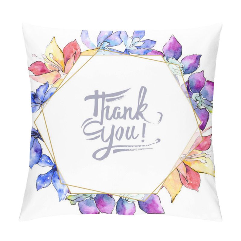 Personality  Purple, Yellow And White Orchid Flowers. Thank You Handwriting Monogram Calligraphy. Watercolor Background. Golden Polygonal Frame. Geometric Polyhedron Crystal Shape. Pillow Covers