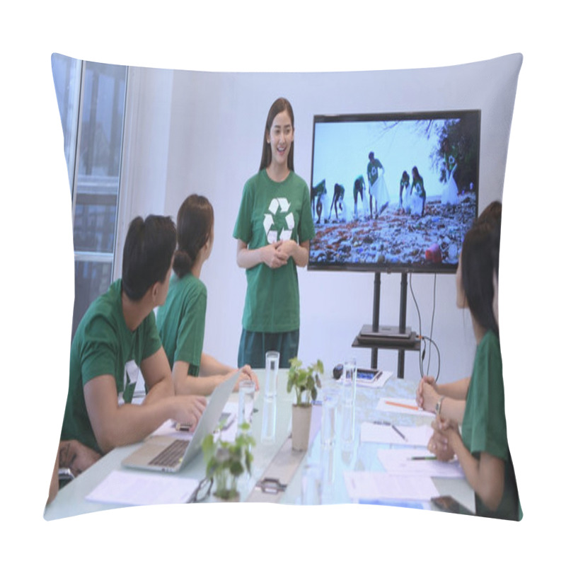 Personality  Conservation Concept. Employees Of The Company Are Presenting Th Pillow Covers