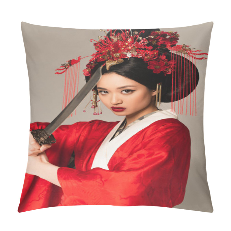 Personality  Japanese Woman With National Hairdo Holding Sword Isolated On Grey  Pillow Covers