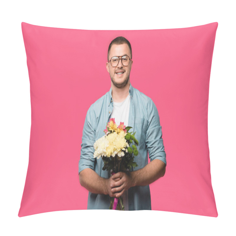 Personality  Happy Young Man Holding Bouquet Of Flowers And Smiling At Camera Isolated On Pink Pillow Covers