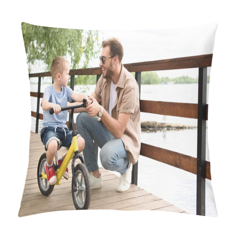 Personality  Father Teaching Son Riding Bike On Bridge At Park Pillow Covers