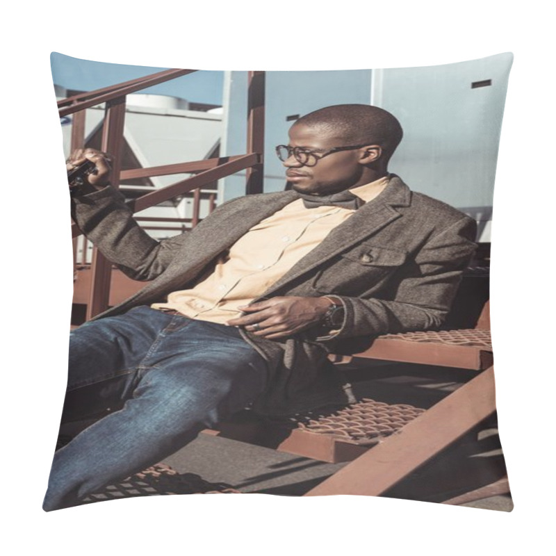 Personality  Stylish Man Posing On Stairs Pillow Covers