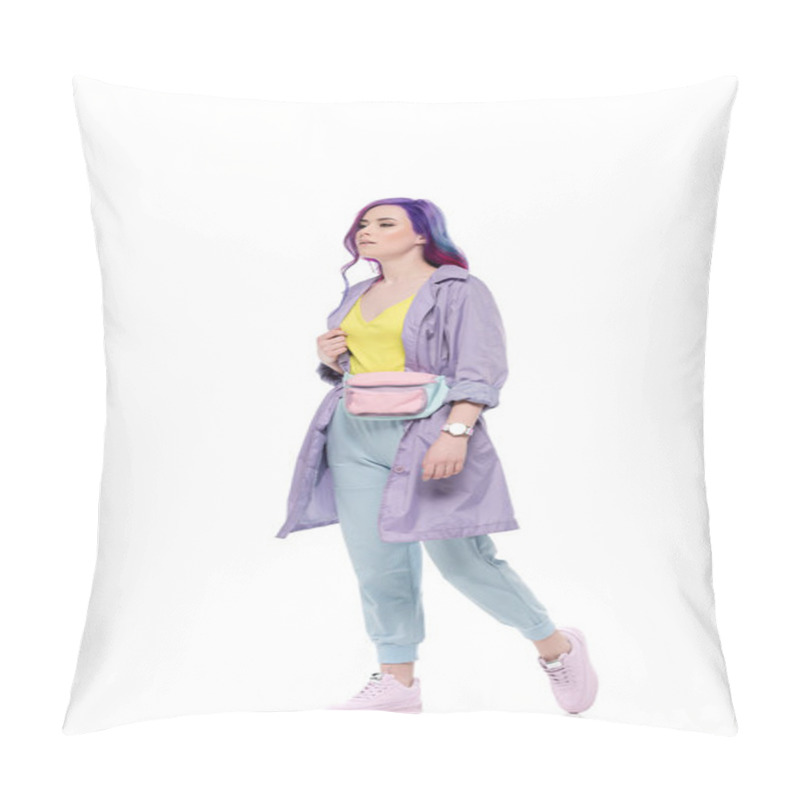 Personality  Stylish Young Woman In Purple Trench Coat With Waist Pack Isolated On White Pillow Covers