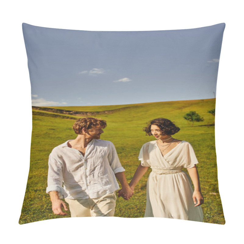 Personality  Wedding In Countryside, Multiethnic Couple Holding Hands In Green Field, Just Married Newlyweds Pillow Covers