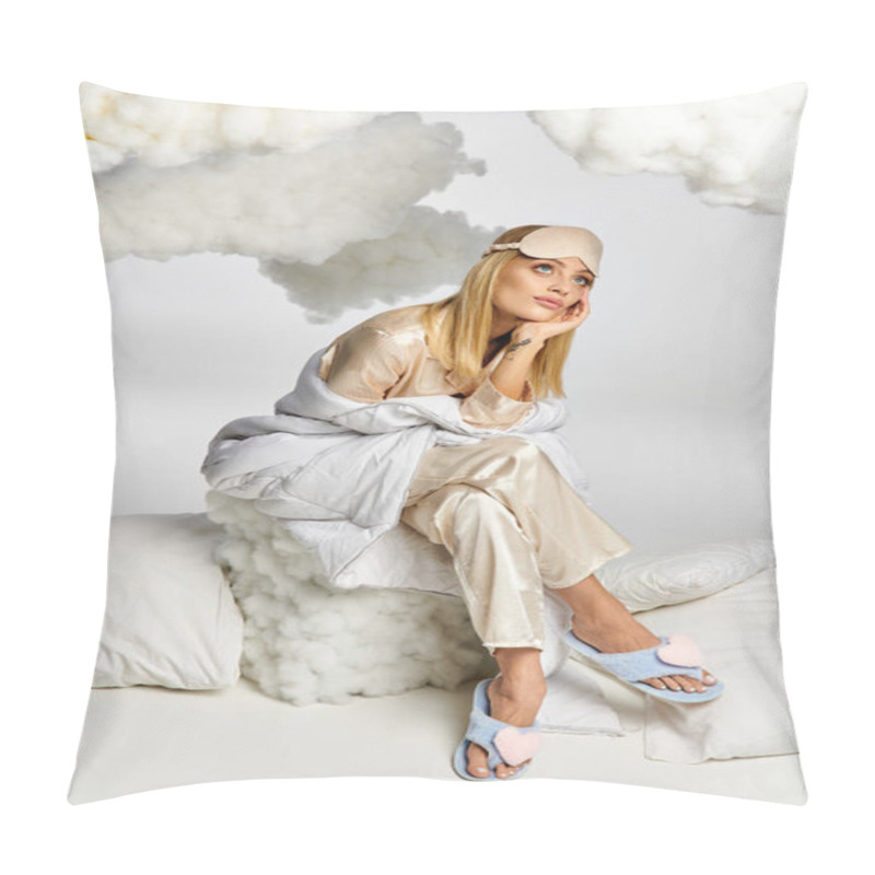 Personality  A Blonde Woman In Cozy Pyjamas Sits Atop Pillow. Pillow Covers