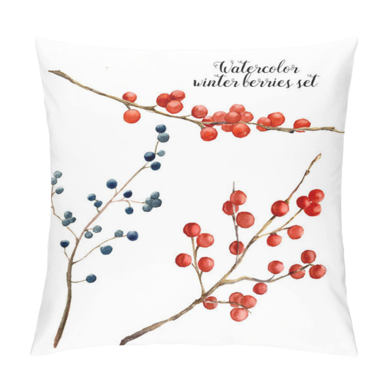 Personality  Watercolor Winter Berries Set. Hand Painted Red And Blue Winter Berries And Branches On White Background. Botanical Illustration For Design Or Print. Pillow Covers