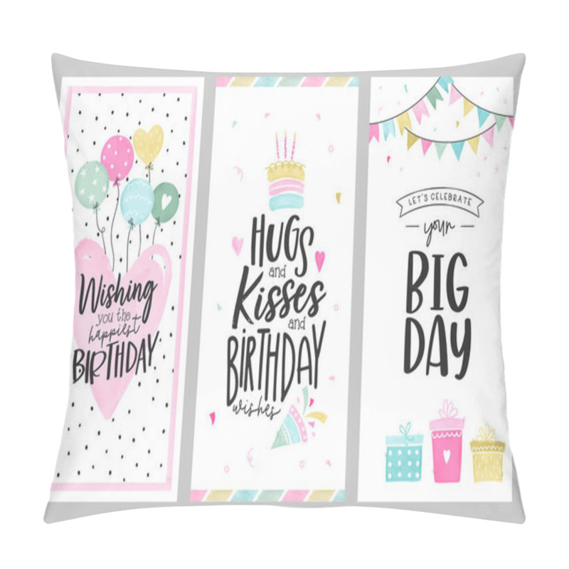 Personality  Set Of Lovely Birthday Greeting Cards With Cakes, Balloons, Gifts And Cute Typography Pillow Covers