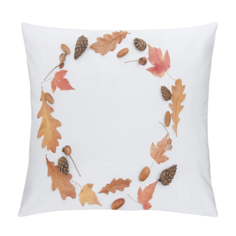 Personality  Round Frame Of Autumn Maple And Oak Leaves, Acorns, Pine Cones Isolated On White. Flat Lay, Composition, Round Border, Top View, Copy Space. Plant, Season, Fall Concept Pillow Covers