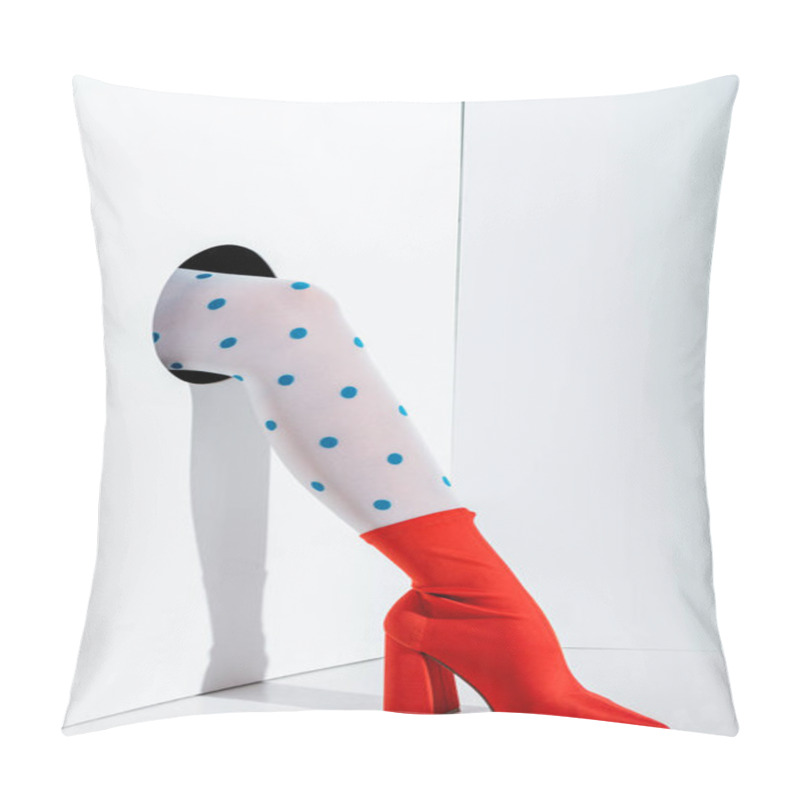 Personality  Cropped Image Of Girl Showing Leg In Trendy White Tights With Blue Dots And Red Shoe In Hole On White Pillow Covers