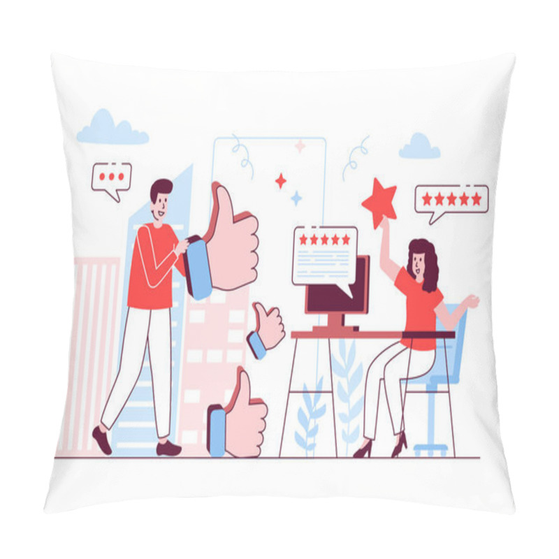 Personality  Best Feedback Concept In Flat Line Design. Man And Woman Giving Consumer Feedbacks, Living Customer Reviews At Websites, Satisfaction Level. Vector Illustration With Outline People Scene For Web Pillow Covers