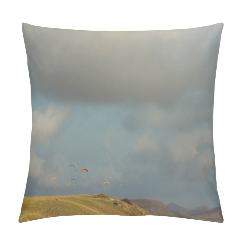 Personality  Mountainous Landscape With Paratroopers Flying In The Sky, Crimea, Ukraine, May 2013 Pillow Covers