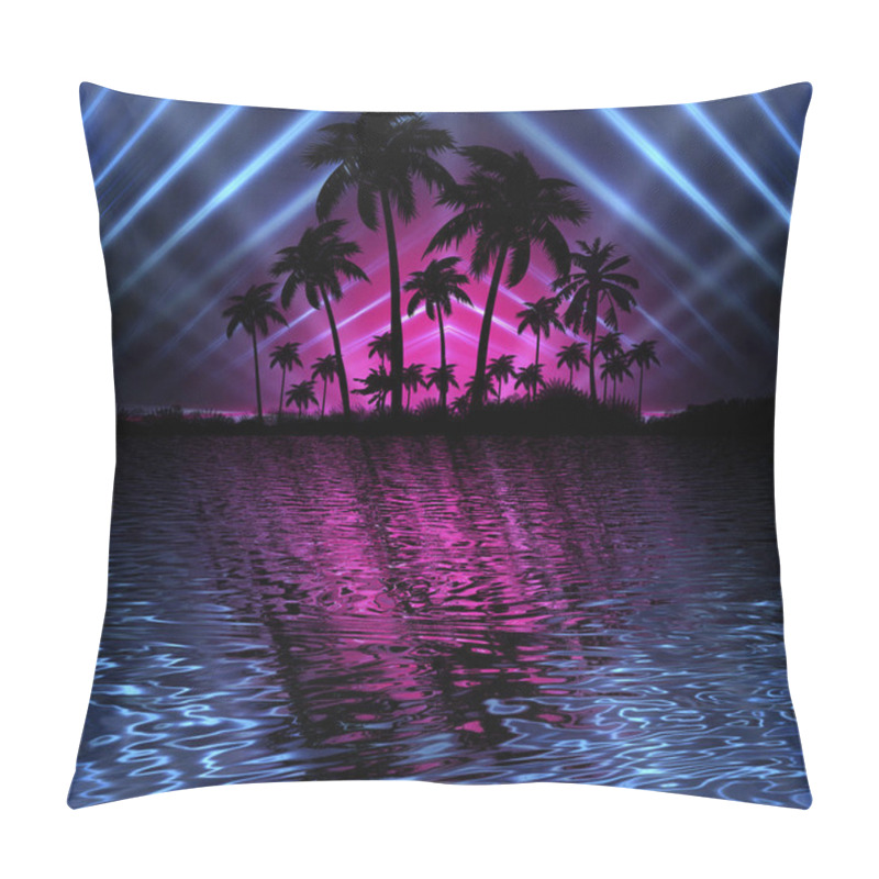 Personality  Abstract Modern Futuristic Dark Landscape With Tropical Palm Trees, Neon Lights, Rays. Reflection In The Water, Night View, Abstract Tropical Background. 3d Illustration Pillow Covers