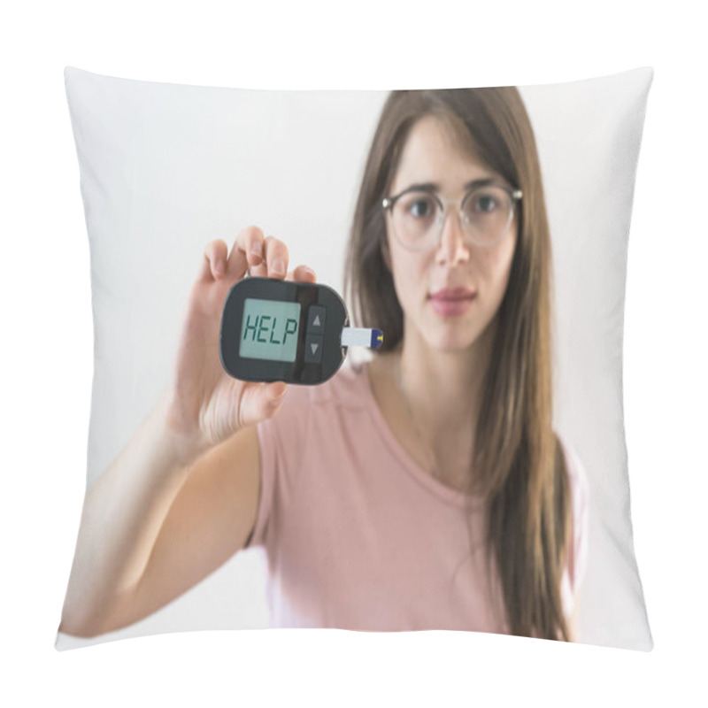 Personality  Girl With Juvenile Diabetes Shows Glucosometer Asking For Help Pillow Covers