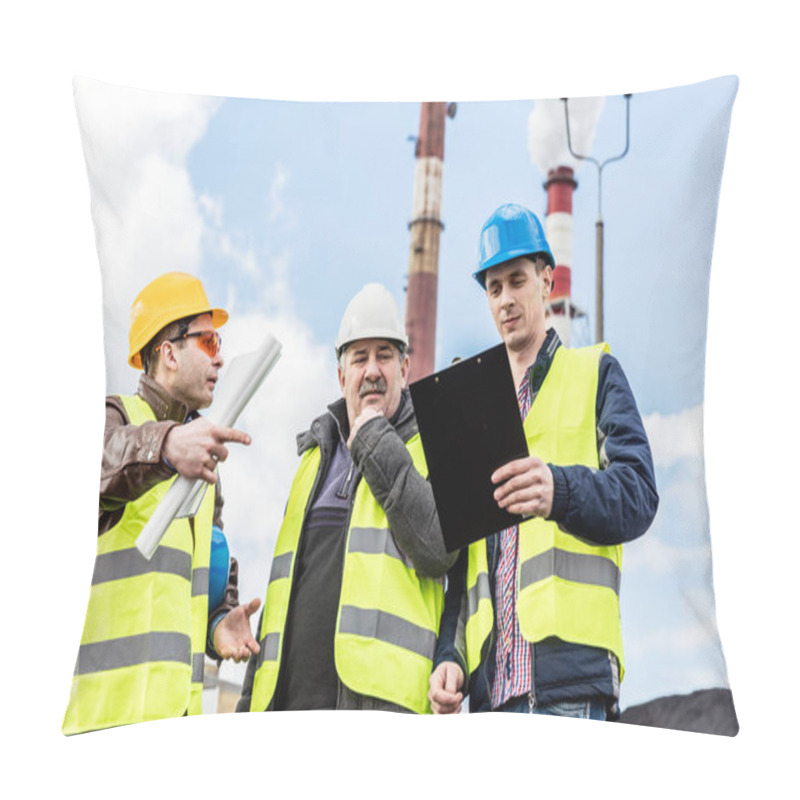 Personality  Engineers Examining Thermoelectric Power Station. Pillow Covers