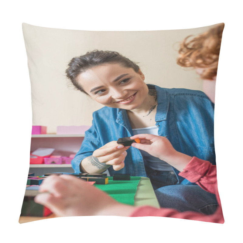 Personality  Happy Teacher Giving Wooden Cube To Blurred Boy In Montessori School Pillow Covers