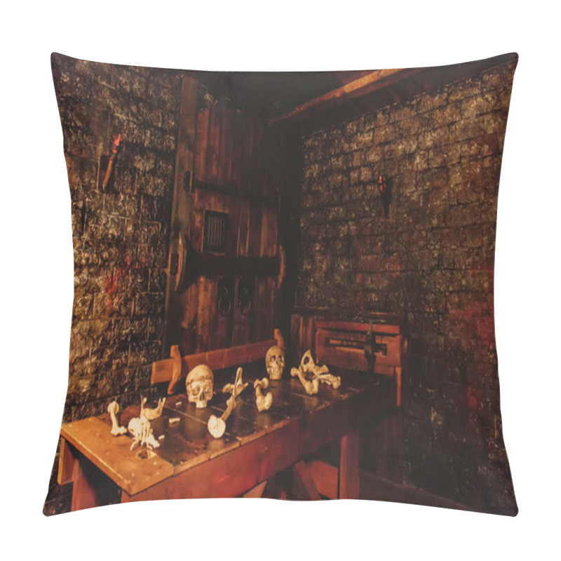 Personality  Mystical Dark Interior Of Medieval Room With Large Wooden Table With Skulls And Bones Against An Ancient Stone Wall. Amazing Background For Halloween Holiday. Copy Space, Text Place Pillow Covers