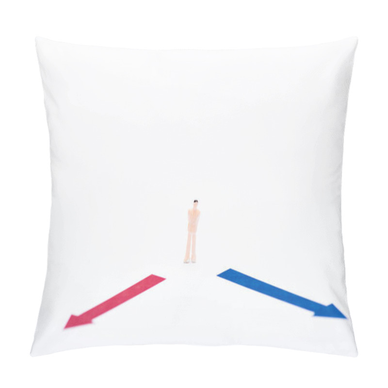 Personality  Concept Of Equality With People Figure Near Red And Blue Pointers Isolated On White  Pillow Covers