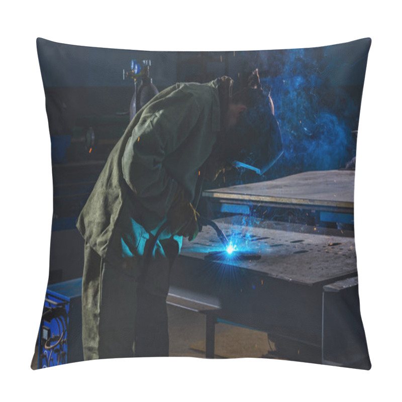 Personality  Side View Of Welder In Protection Mask Brazing Metal At Factory  Pillow Covers