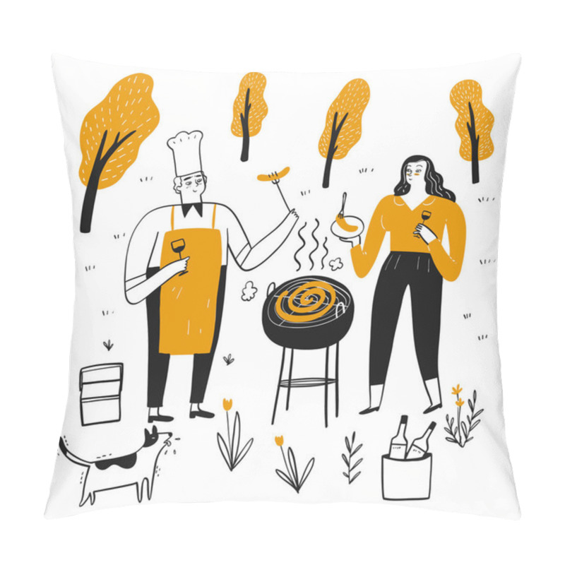 Personality  Couples Are Grilling On A Sunny Afternoon Barbecue.  Hand Drawn, Vector Illustration Doodle Style. Pillow Covers