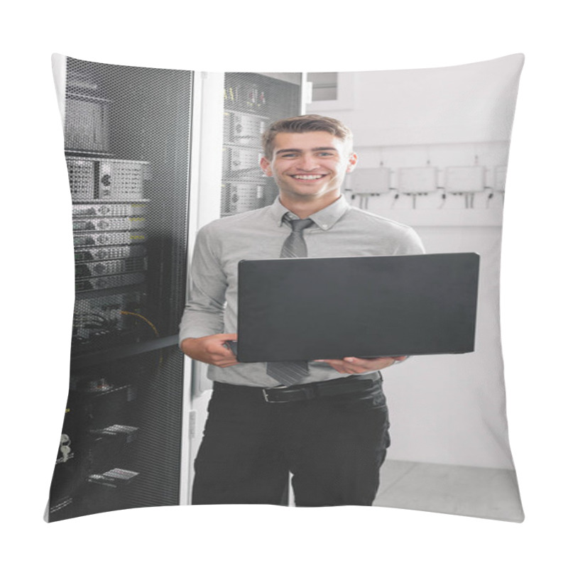 Personality  Portrait Of Modern Young Man Holding Laptop Standing In Server Room Working With Supercomputer Pillow Covers