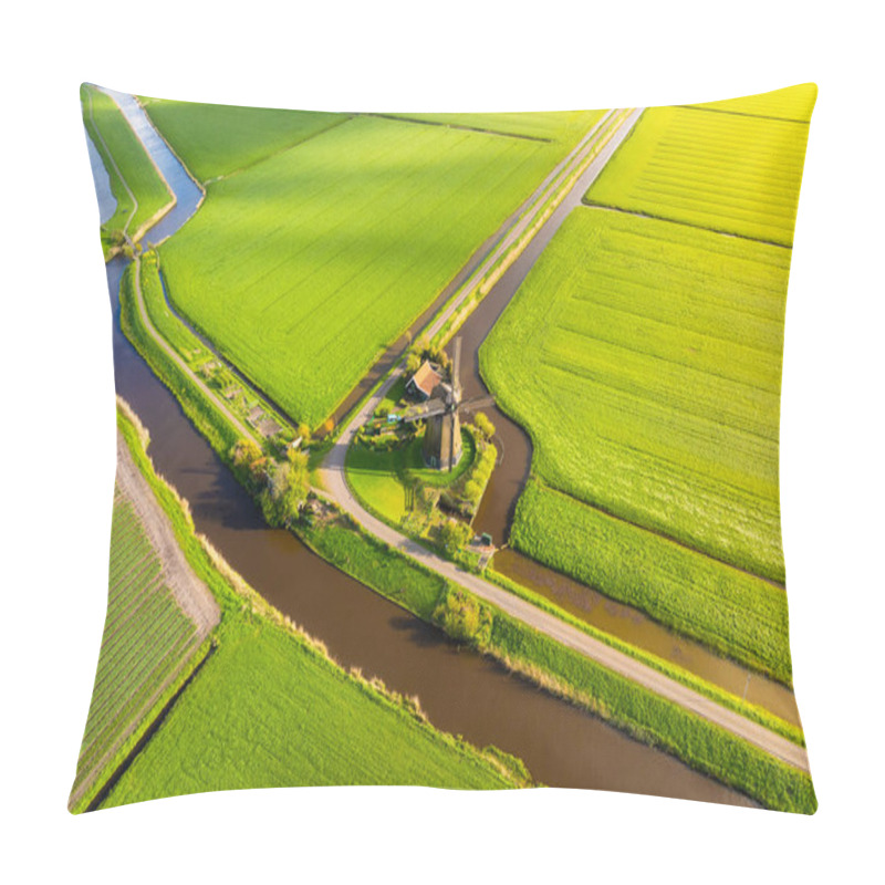 Personality  An Aerial View Of The Windmill. Landscape From A Drone In The Netherlands. Canals With Water For Agriculture. Fields And Meadows. Landscape From The Air. Pillow Covers