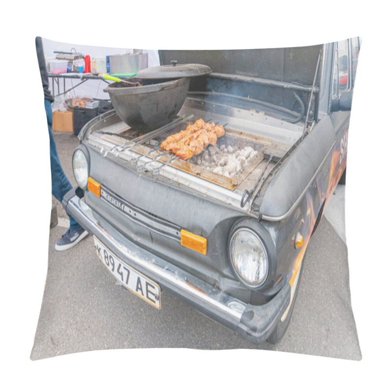 Personality  An Old, Modified Vehicle With A Barbecue Grill Mounted On Its Hood Is Shown, Loaded With Food That Appears To Be Cooking The Grill Features A Classic Kyiv, Ukraine 06-06-2024 Pillow Covers