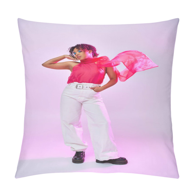 Personality  African American Woman Posing In Pink Shirt And White Pants On Vibrant Backdrop. Pillow Covers