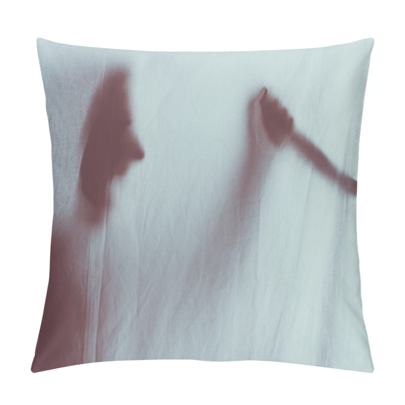 Personality  Scary Blurry Silhouette Of Person Screaming And Holding Knife Behind Veil  Pillow Covers